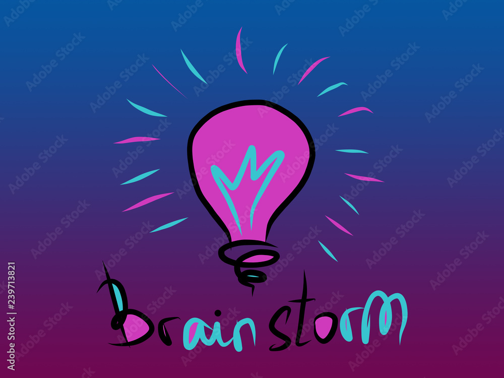 Brainstorm word with lightbulb - blue and pink digital painting of business idea concept Brainstorm word with lightbulb - blue and pink digital painting of business idea concept