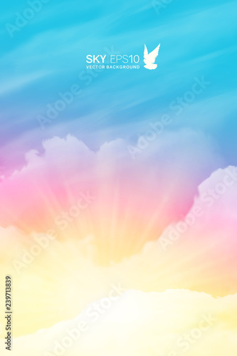 Vertical vector background with realistic pink-blue sky and cumulus clouds. The image can be used to design a banner, flyer and postcard.
