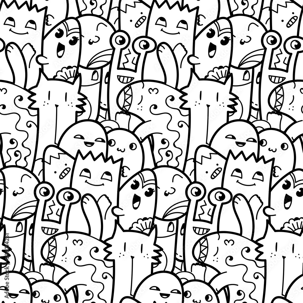 Funny doodle monsters seamless pattern for prints, designs and coloring books Funny doodle monsters seamless pattern for prints, designs and coloring books