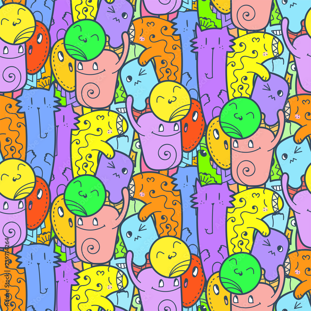 Fototapeta premium Funny doodle monsters seamless pattern for prints, designs and coloring books