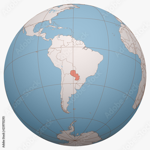 Paraguay on the globe. Earth hemisphere centered at the location of the Republic of Paraguay. Paraguay map.