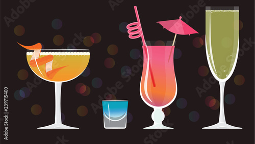 Sidecar cocktail, Blue Kamikaze ,French 75, Mai Tai ,Bellini cocktails