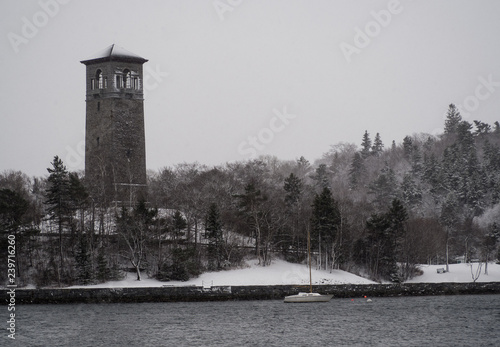 Winter landscape with tower in snow covered forest, Halifax, Nova Scotia, snowing