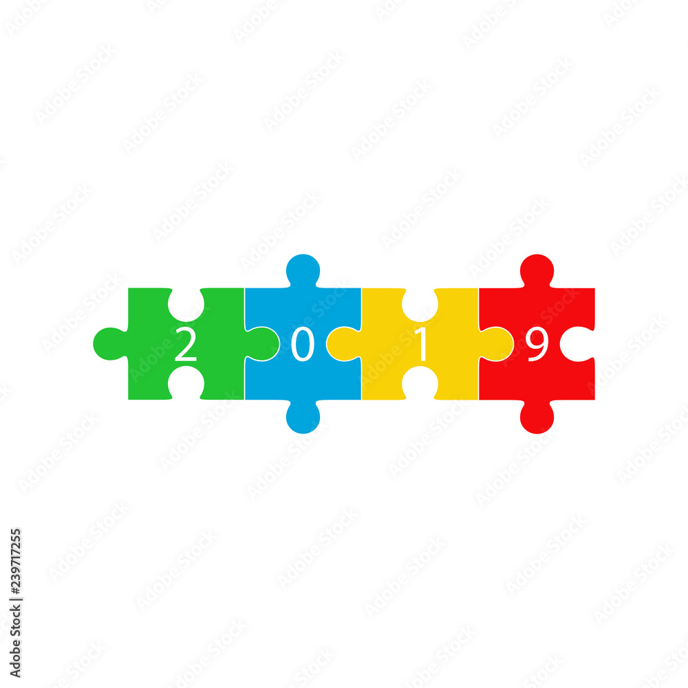 Colorful jigsaw puzzle pieces and 2019 numbers Colorful jigsaw puzzle pieces and 2019 numbers