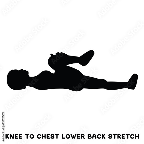 Knee to chest lower back stretch. Sport exersice. Silhouettes of woman doing exercise. Workout, training.