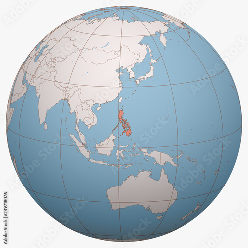 Philippines on the globe. Earth hemisphere centered at the location of the Republic of the Philippines. Philippines map.