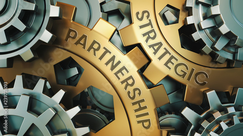 STRATEGIC PARTNERSHIP concept. Gold and silver gear wheel background illustration. 3d render.