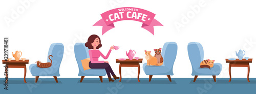 Fb Cover horizontal Web Banner Social Media Design for cat cafe Template. Vector on white background. Girl and cat coffee party. have a rest with pet. Flat cartoon vector illustration in blue and pink