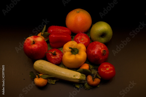 fresh vegetables, fresh fruits, tomatoes, salads, bell peppers, sweet peppers, set, vegetable group, fruit group