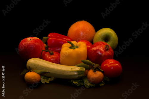 fresh vegetables, fresh fruits, tomatoes, salads, bell peppers, sweet peppers, set, vegetable group, fruit group