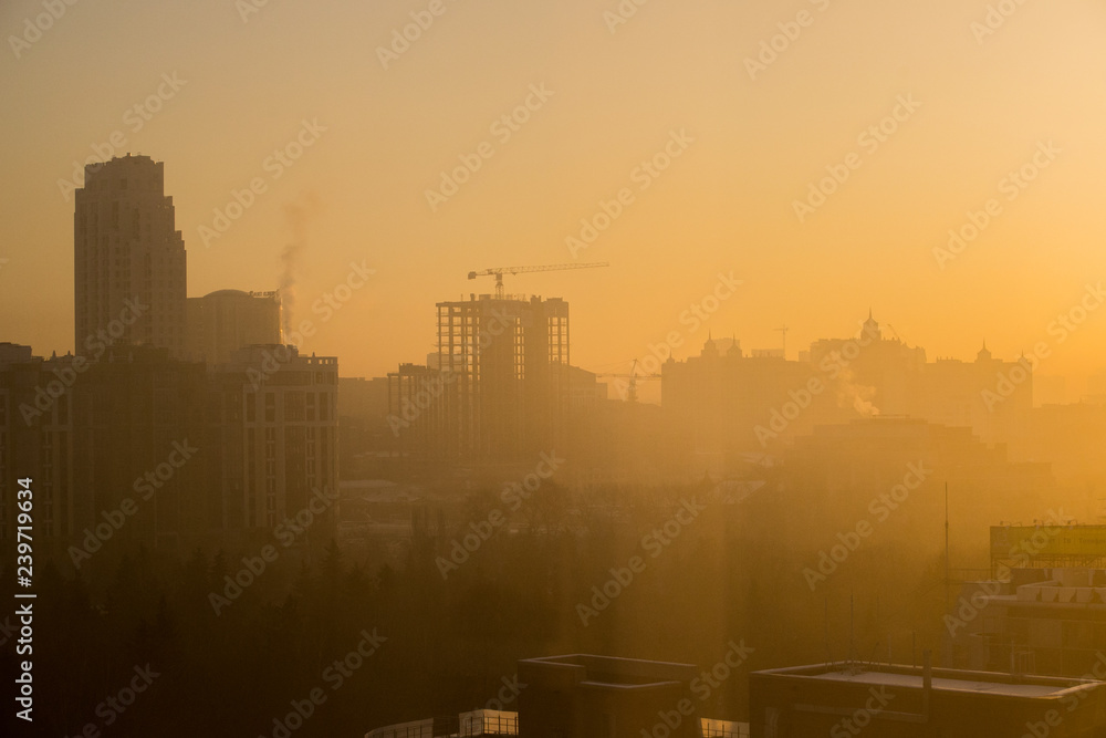 Plakat city in smog and fog, buildings silhouettes