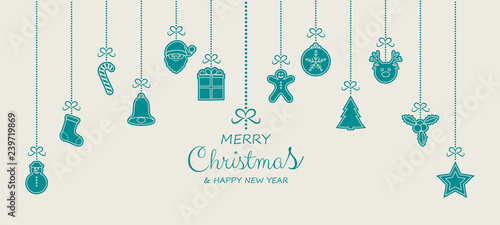 Merry Christmas and Happy New Year - card with hand drawn decorations. Vector.