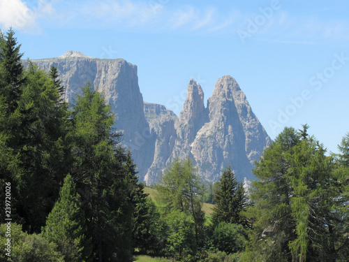 View of Sciliar one of the mountain peak of the italian Dolomites against the blue sky at summer . South Tyrol, Italy © lukeluke68