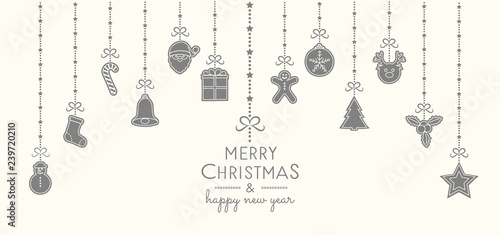 Concept of Christmas greeting card with hanging decorations. Vector.