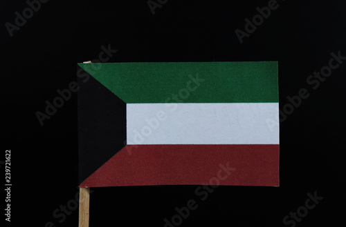 A official flag of Kuwait on toothpick on black background. A horizontal triband of green, white and red; with a black trapezium based on the hoist side. photo