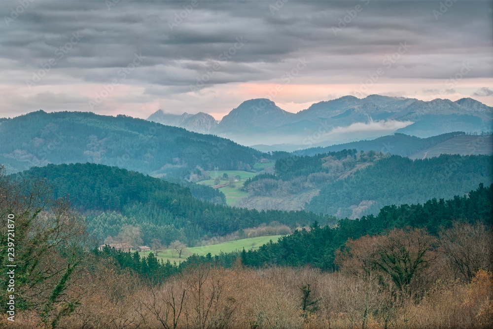 Panoramic view towards the Urkiola Natural Park from Larrabetzu. Larrabetzu is a beautiful village located in the Txorierri valley, in the heart of Bizkaia (Basque Country).