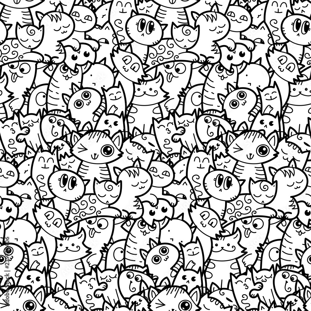 Funny doodle cats and kittens seamless pattern for prints, designs and coloring books Funny doodle cats and kittens seamless pattern for prints, designs and coloring books