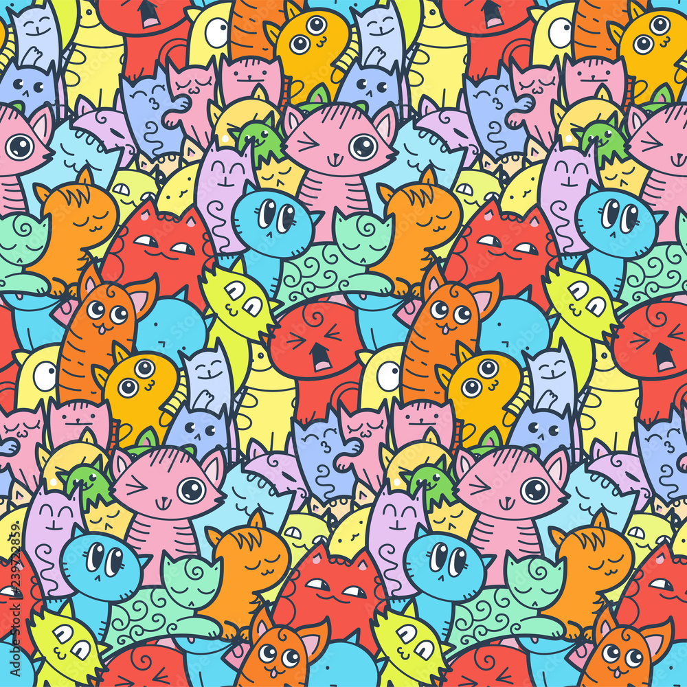 Funny doodle cats and kittens seamless pattern for prints, designs and coloring books