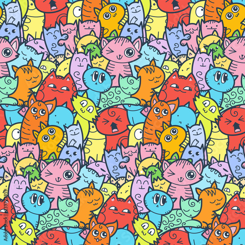 Funny doodle cats and kittens seamless pattern for prints, designs and coloring books