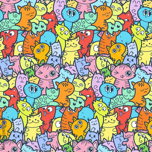 Funny doodle cats and kittens seamless pattern for prints, designs and coloring books