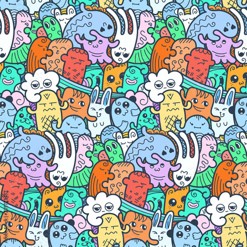 Funny doodle monsters seamless pattern for prints, designs and coloring books