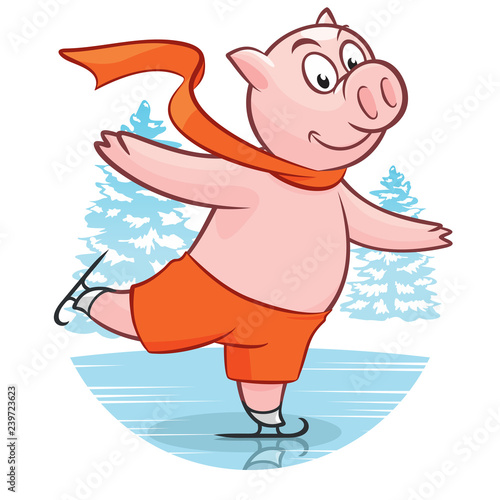Cartoon funny Christmas piggy skating on rink greeting card