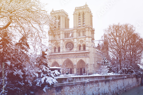 Canvas Print Notre-Dame Cathedral after snowfall in Paris, France