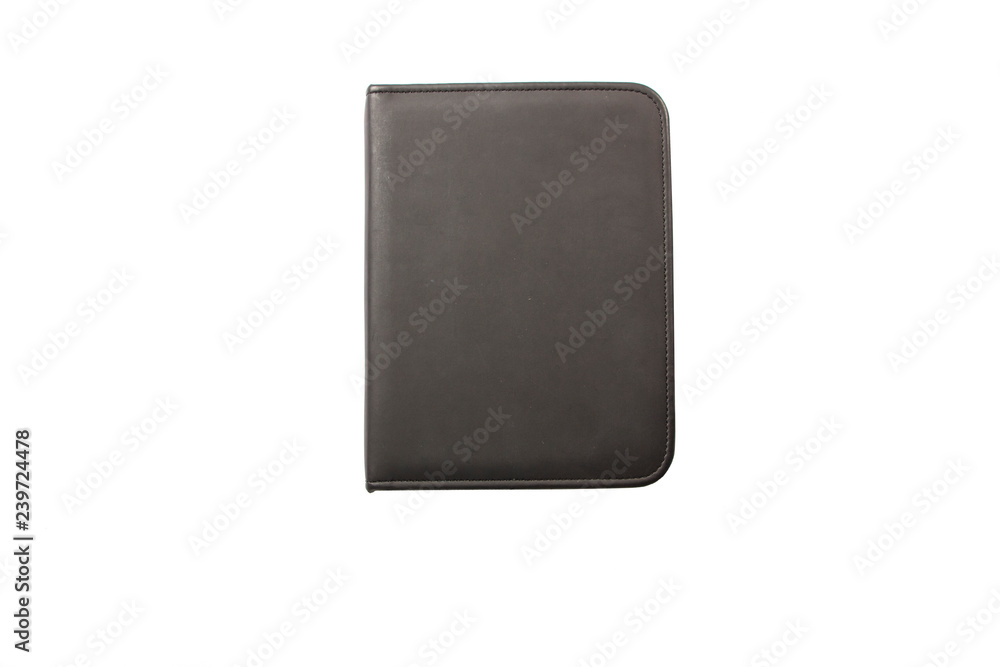 Black leather folder isolated on white background. Leather black folder on a white background. Black folder mockup template. Black leather folder isolated on white background. Leather black folder on a white background. Black folder mockup template.