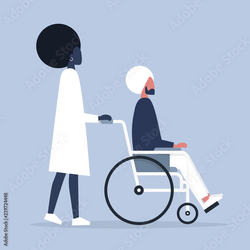 Care and assistance. Young disabled male character sitting in a wheelchair. Disability. Daily life. Flat editable vector illustration, clip art