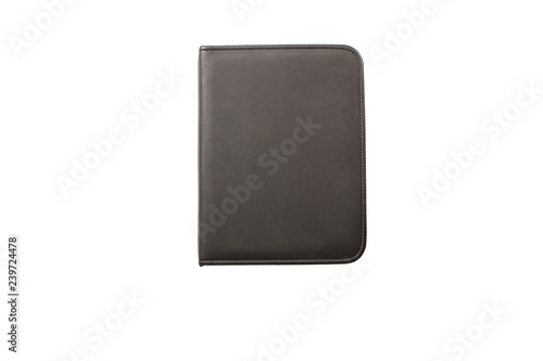 Black leather folder isolated on white background. Leather black folder on a white background. Black folder mockup template.