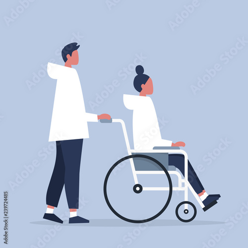 Care and assistance. Young disabled female character sitting in a wheelchair. Disability. Daily life. Flat editable vector illustration, clip art