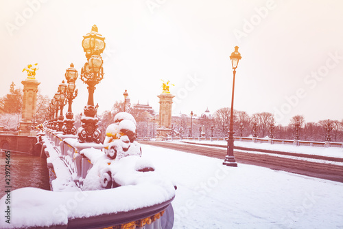 Pont Alexandre III under snow, Paris, France