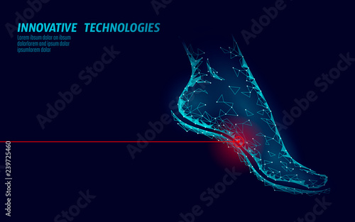 Human feet toe 3D low poly render. Polygonal blue medical healthcare painful area. Medicine poster triangle point line leg anatomical woman foot vector illustration