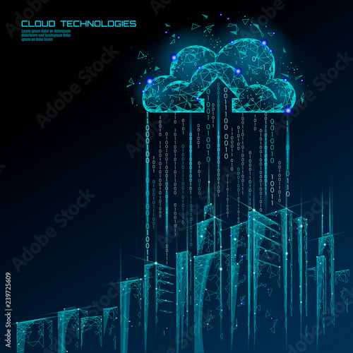 Smart city 3D light cloud computing cityscape. Intelligent building big data exchange storage online futuristic business concept future technology. Urban banner vector illustration