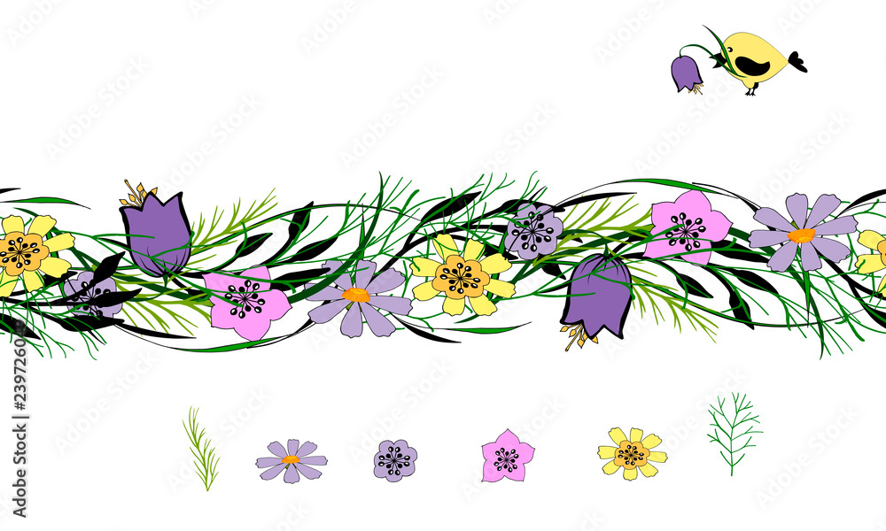 seamless vector horizontal pattern of flowers and leaves doodle-style and its elements on white background, for creating borders, wreaths, for decoration of postcards, posters, paper, gifts, stickers,