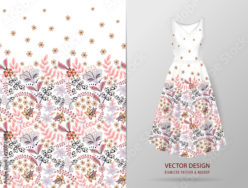 Seamless vertical fantasy flowers border pattern. Hand draw floral background on dress mockup. Vector. Traditional eastern pattern for textiles, wallpapers, decor etc. Gentle colors on white