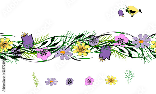 seamless vector horizontal pattern of flowers and leaves doodle-style and its elements on white background, for creating borders, wreaths, for decoration of postcards, posters, paper, gifts, stickers,