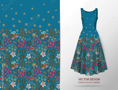 Vertical seamless fashion background. Women's long dress mock up with bright seamless hand drawn pattern for textile, paper print. Isolated dark blue dress. vector