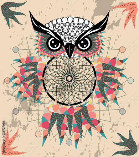 Hand drawn dreamcatcher with an owl, feathers and all seeing eyes. Indian talisman in boho style. American ethnic symbol. Shamanism, religion, occultism.