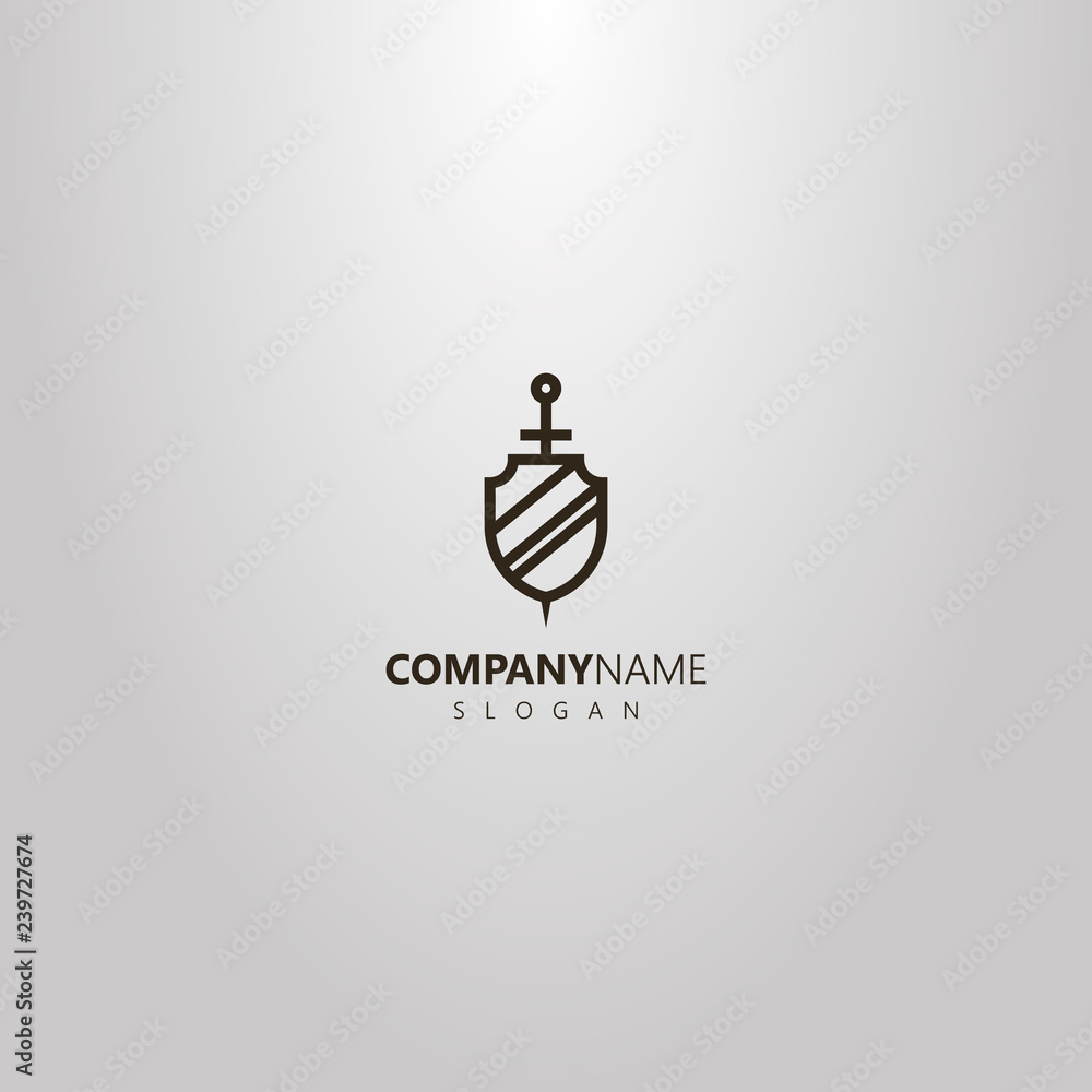 black and white simple vector line art logo of medieval sword behind shield black and white simple vector line art logo of medieval sword behind shield