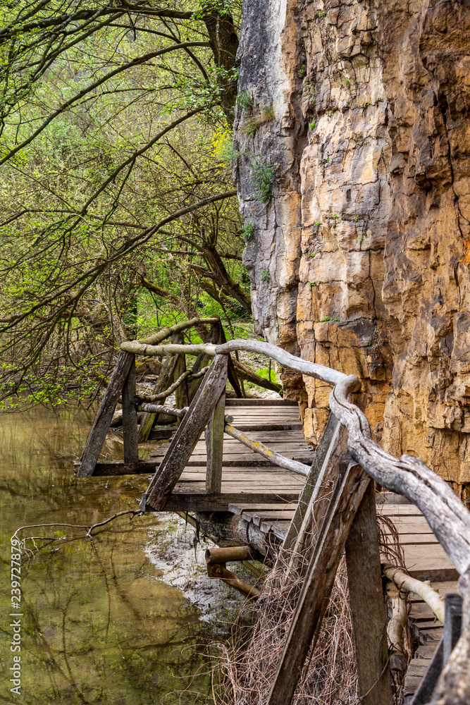 Elevated wooden walkway along Zlatna Panega River at Iskar-Panega Eco-path Geopark, the first geopark in Bulgaria Elevated wooden walkway along Zlatna Panega River at Iskar-Panega Eco-path Geopark, the first geopark in Bulgaria