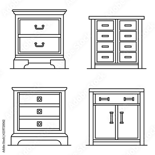 Nightstand icon set. Outline set of nightstand vector icons for web design isolated on white background