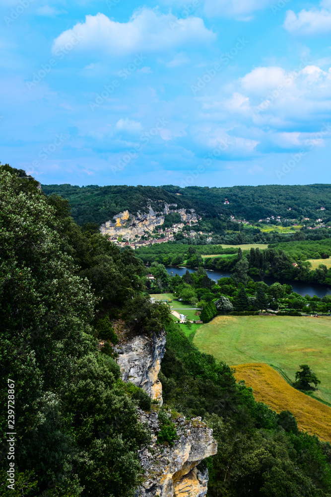 View of the village of La Roque Gageac and the Dordogne River from the gardens of the Chateau de Marqueyssac near Vezac, France