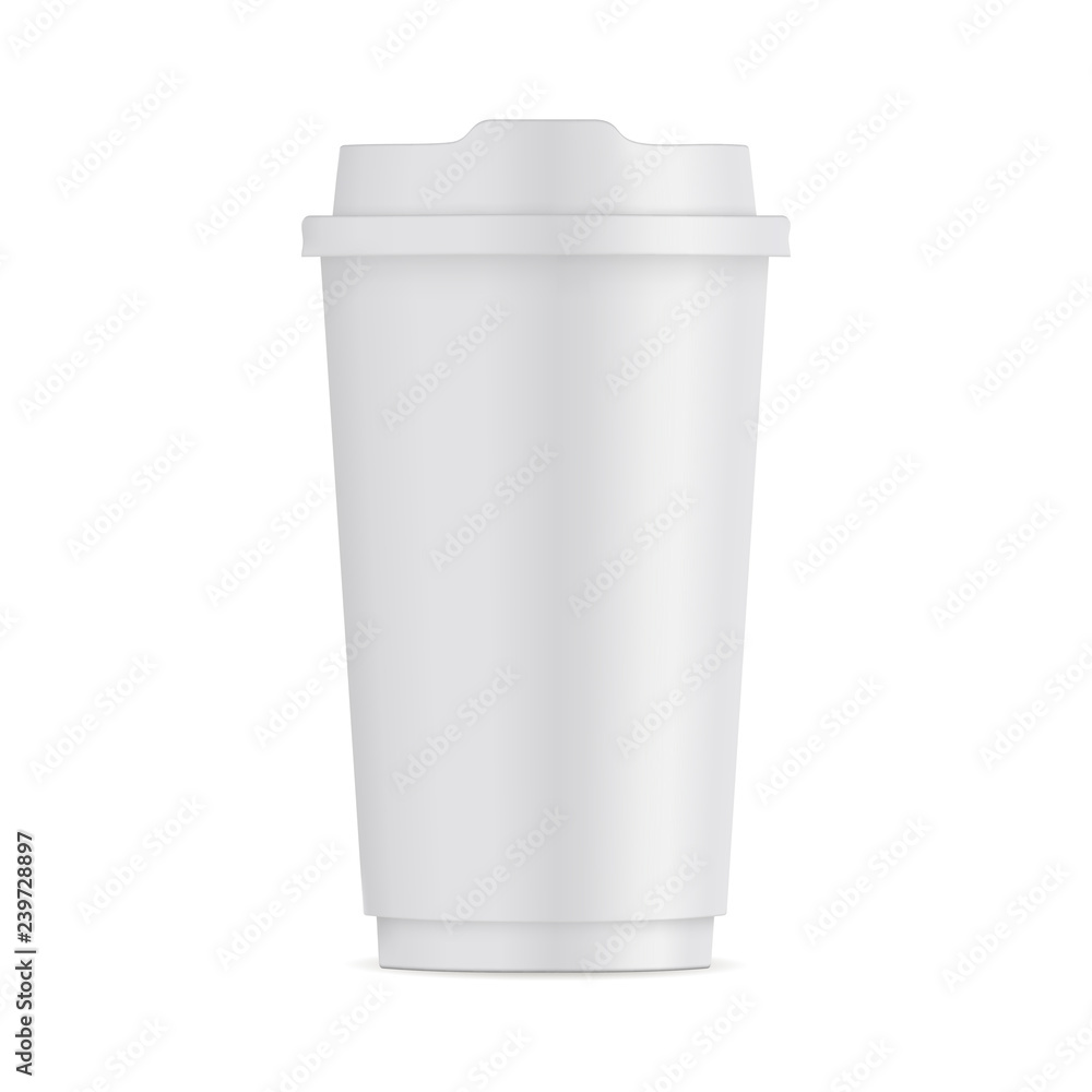 Tall paper coffee cup with lid isolated on white background - front view. Takeaway coffe package mockup. Vector illustration Tall paper coffee cup with lid isolated on white background - front view. Takeaway coffe package mockup. Vector illustration