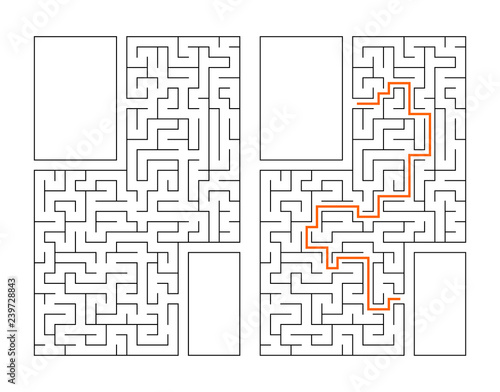 Abstract rectangular maze. Game for kids. Puzzle for children. Labyrinth conundrum. Flat vector illustration isolated on white background. With answer. With place for your image.