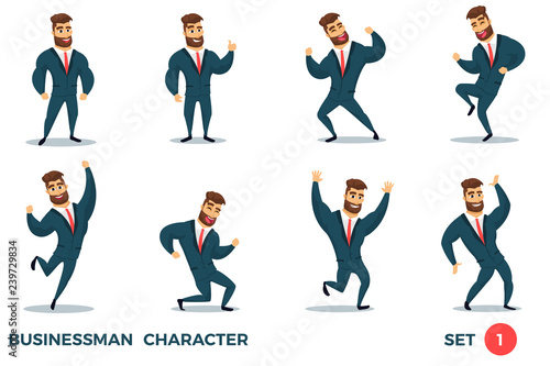 Businessman haracter design - set 1. Fun bearded business men in different situations. Vector illustration