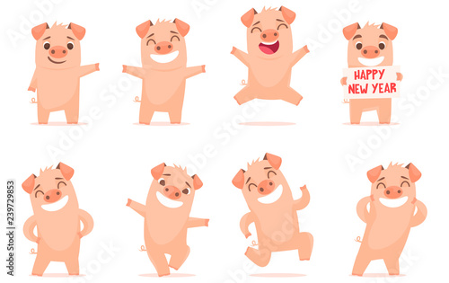 Fototapeta Naklejka Na Ścianę i Meble -  Vector little cartoon pigs characters posing in different situations. Set 1