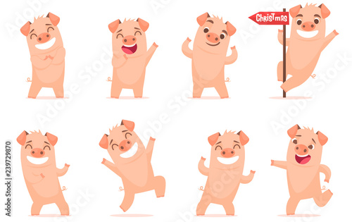 Vector little cartoon pigs characters posing in different situations. Set 3