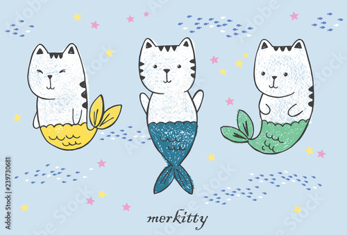 Vector hand drawn illustation of three kawaii anime cat mermaids with fish tails, stars, flock of fishes drawn with pen and colored crayons isolated on a blue ackground. fairy tale doodle characters