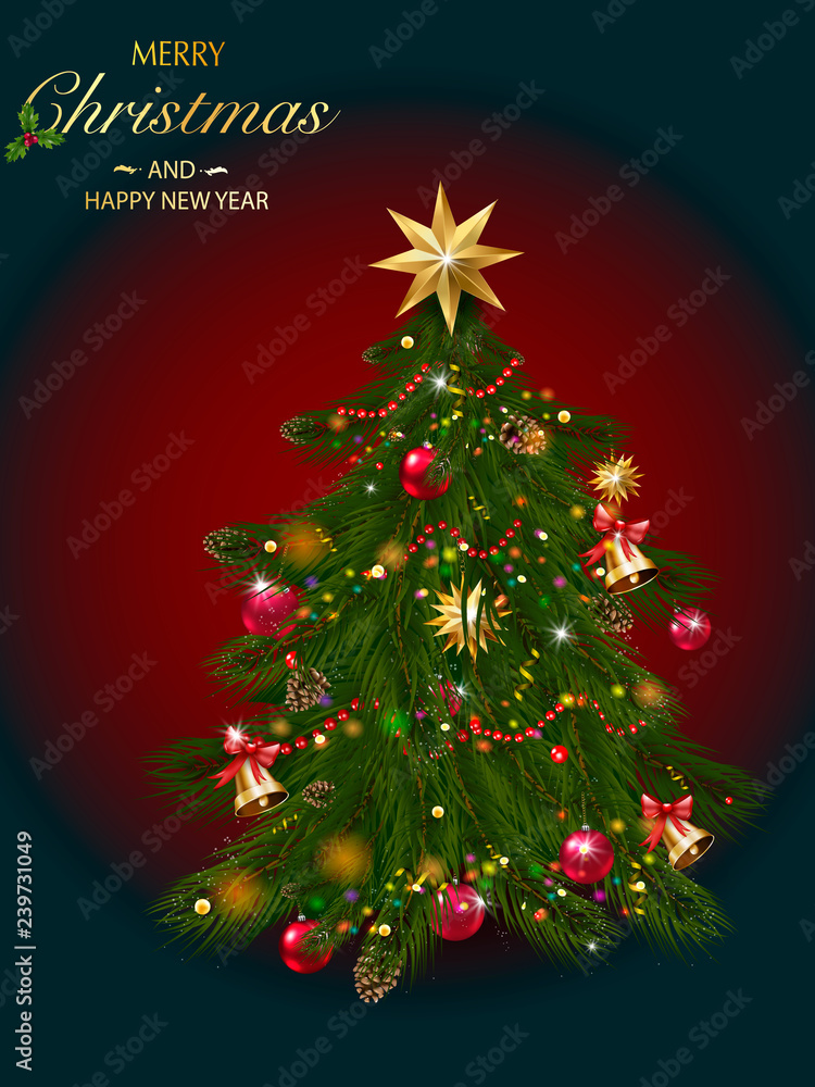 Christmas tree with xmas decorations - ornaments, stars, garlands, snowflakes, lamps. Christmas tree with xmas decorations - ornaments, stars, garlands, snowflakes, lamps.